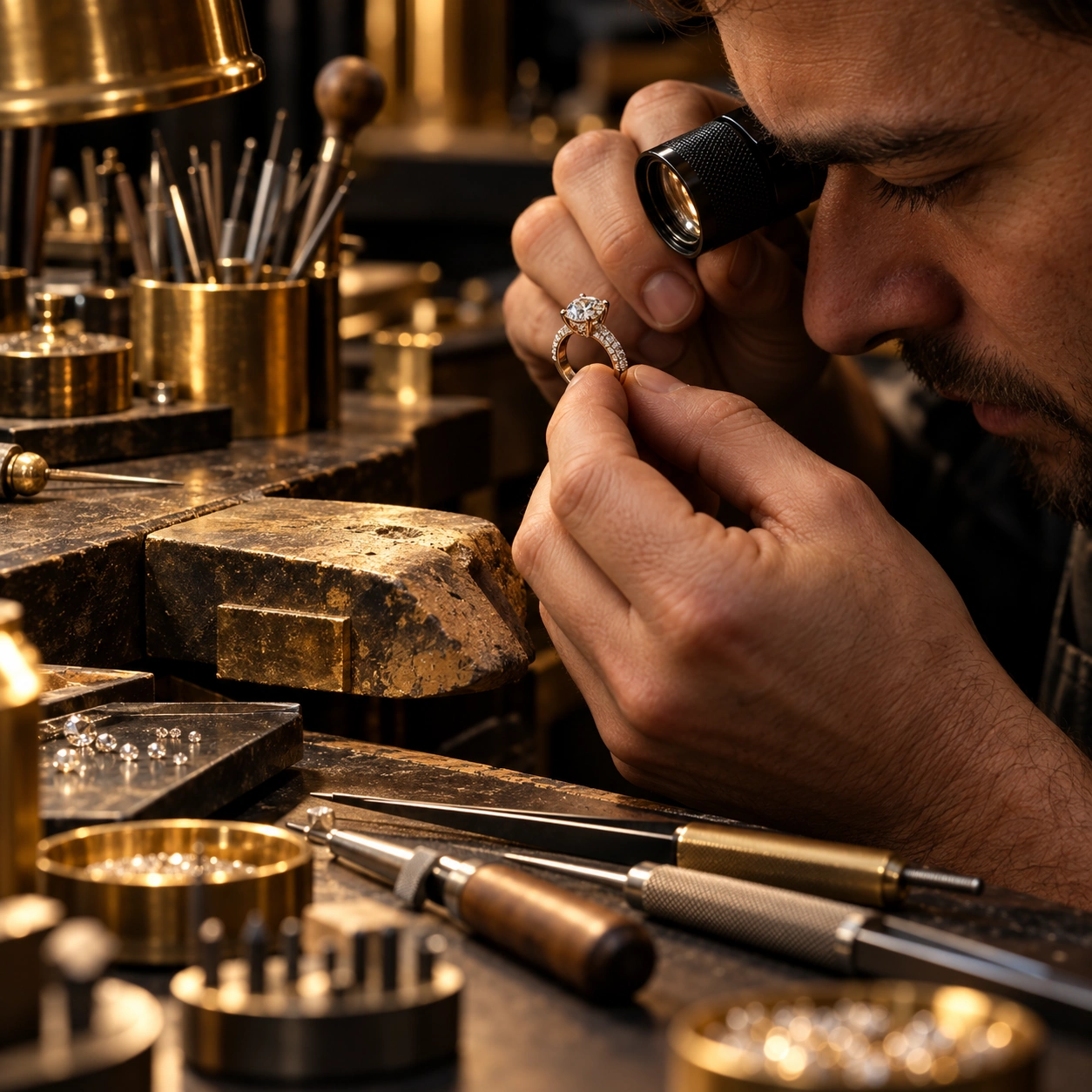 Illustrative jeweller inspecting a diamond ring